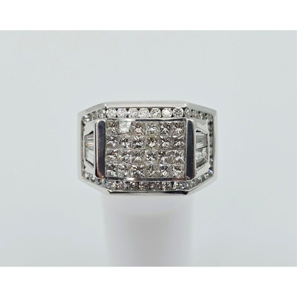 Large 14K Solid White Gold Princess Cut Invisible Setting Diamond Men's Ring